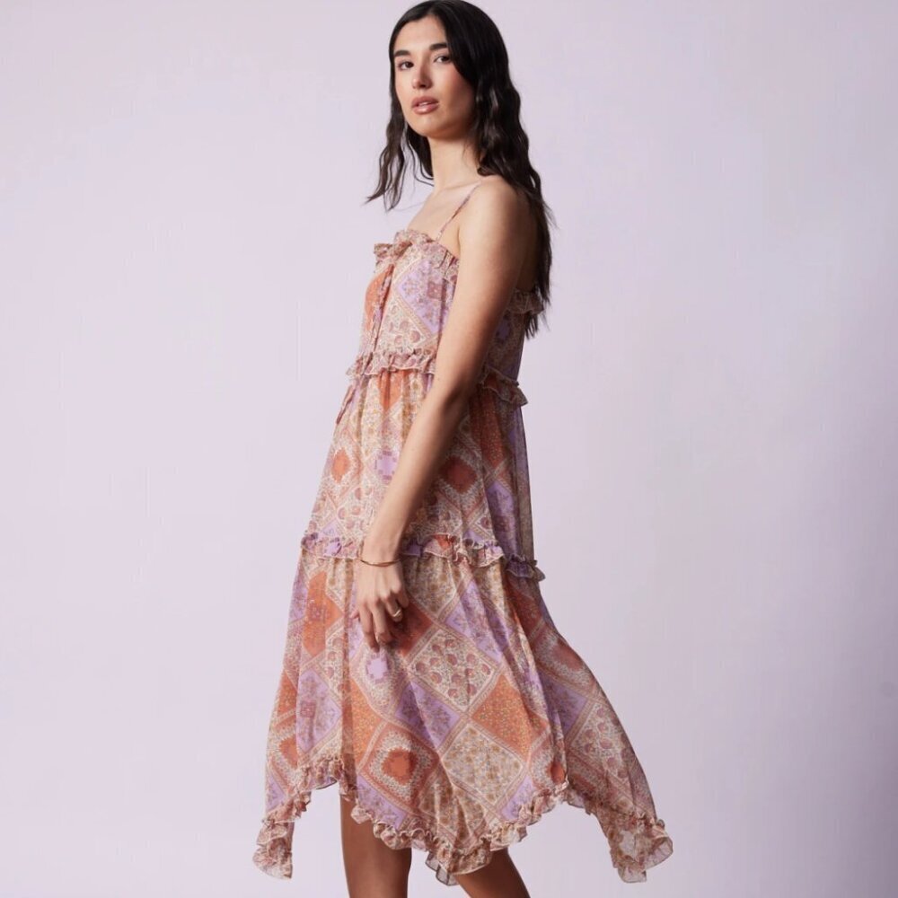 NWT June & Hudson Multicolor Boho Floral Tiered Handkerchief Chiffon SunDress 10